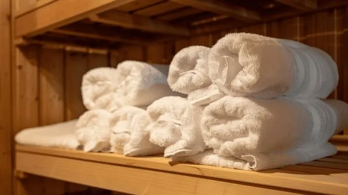 Towels stacked on a sauna bench